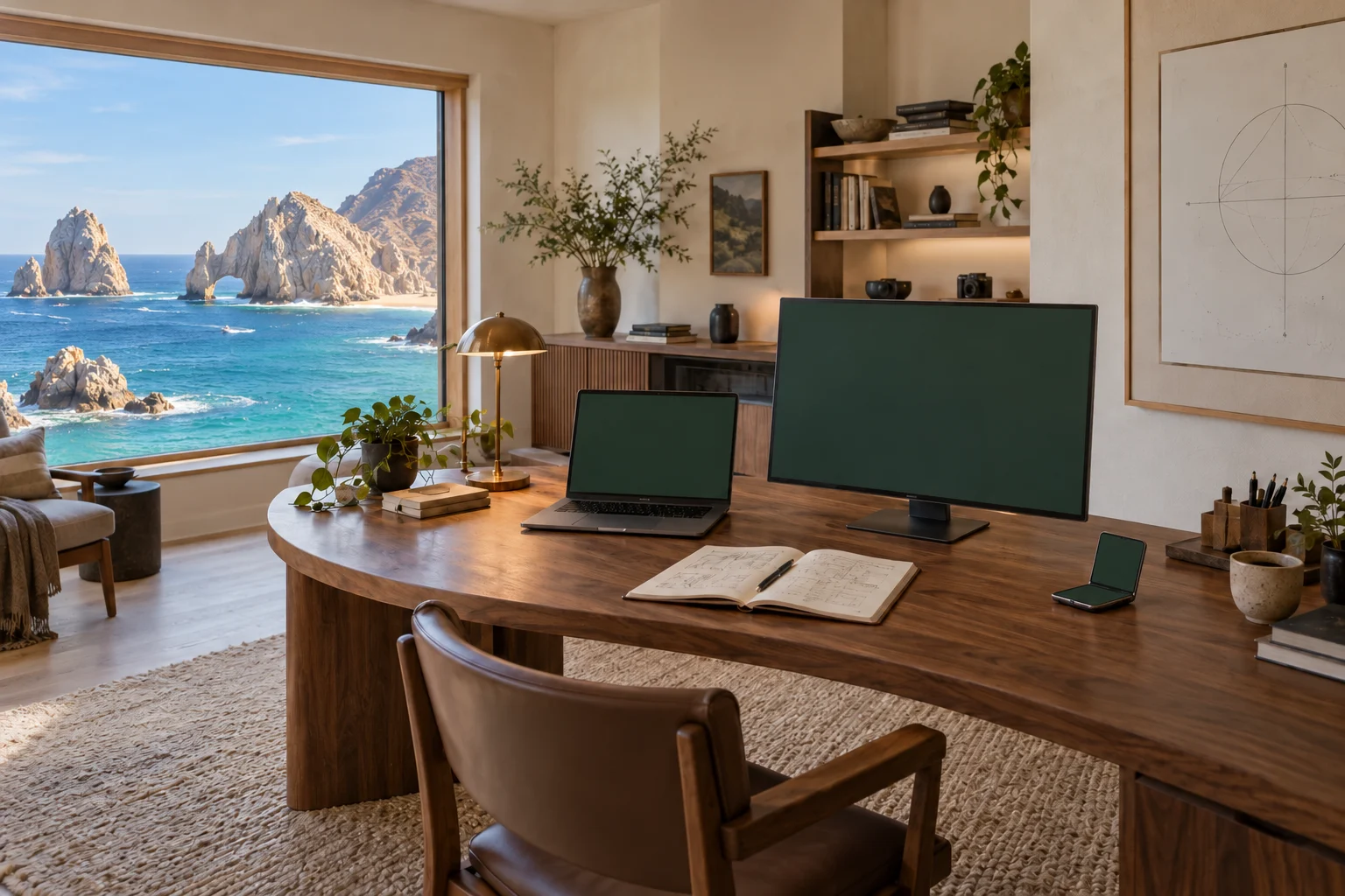 An imagined research atelier with a desktop display, laptop, folding phone and open notebook.