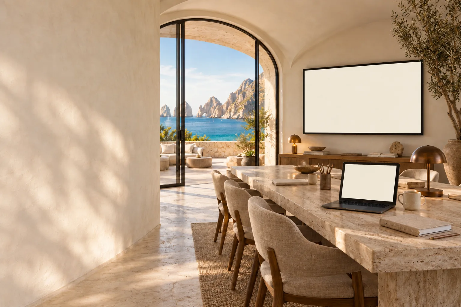 An imagined coastal teaching room with a communal table, laptop and large teaching screen