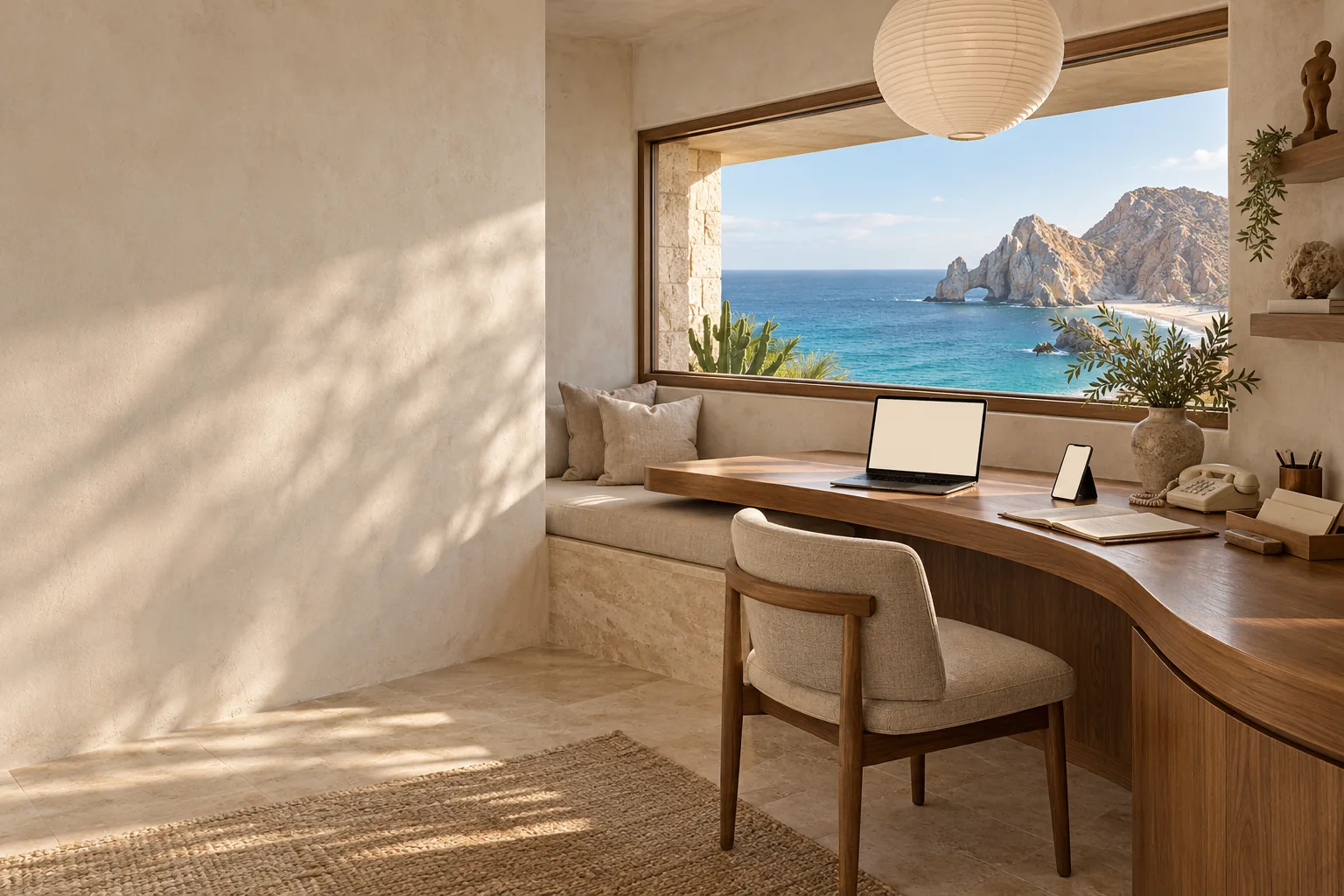 An imagined coastal support office with a curved walnut desk, laptop, folding phone and correspondence folio