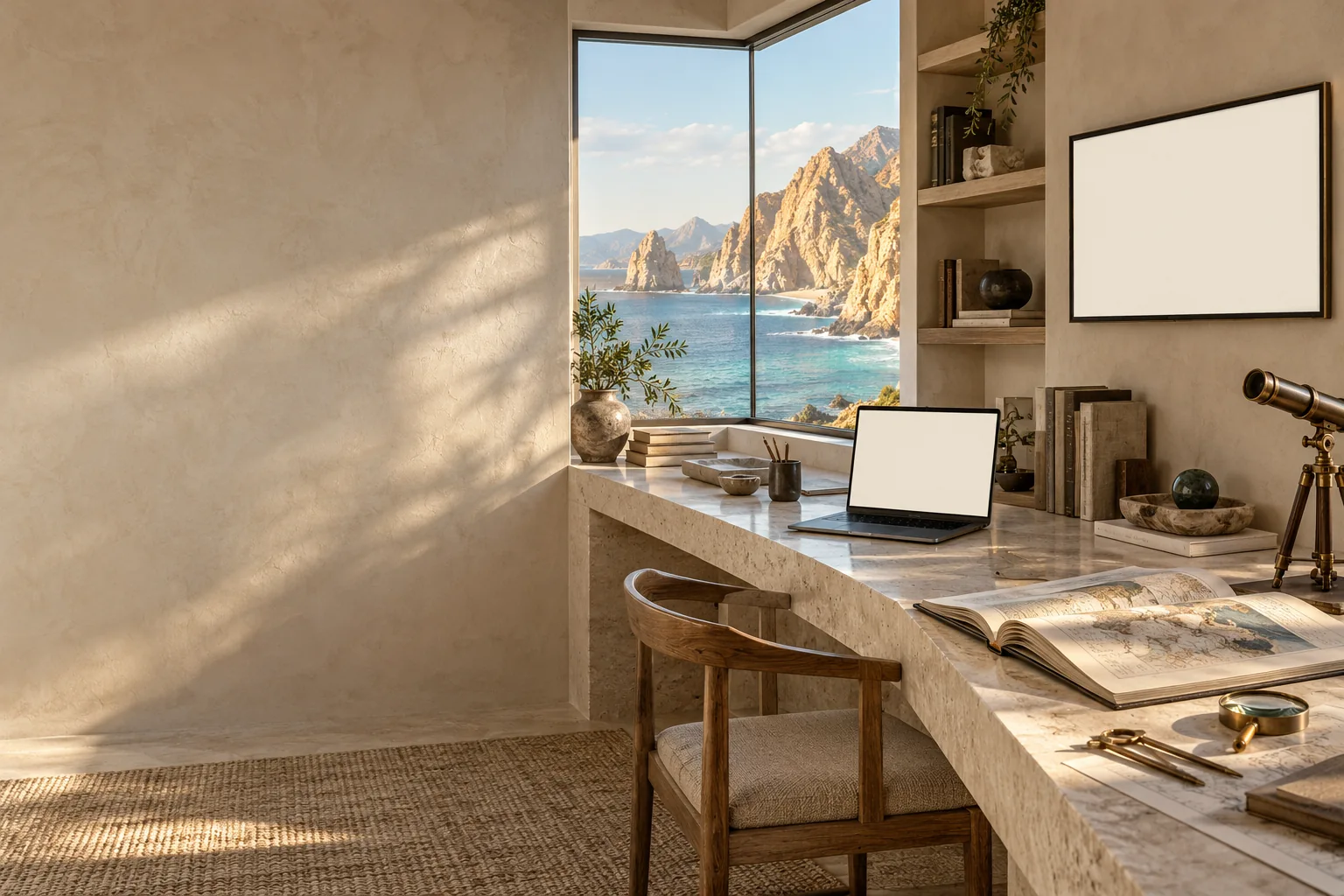 An imagined coastal research study with a laptop, wall screen, telescope and open atlas