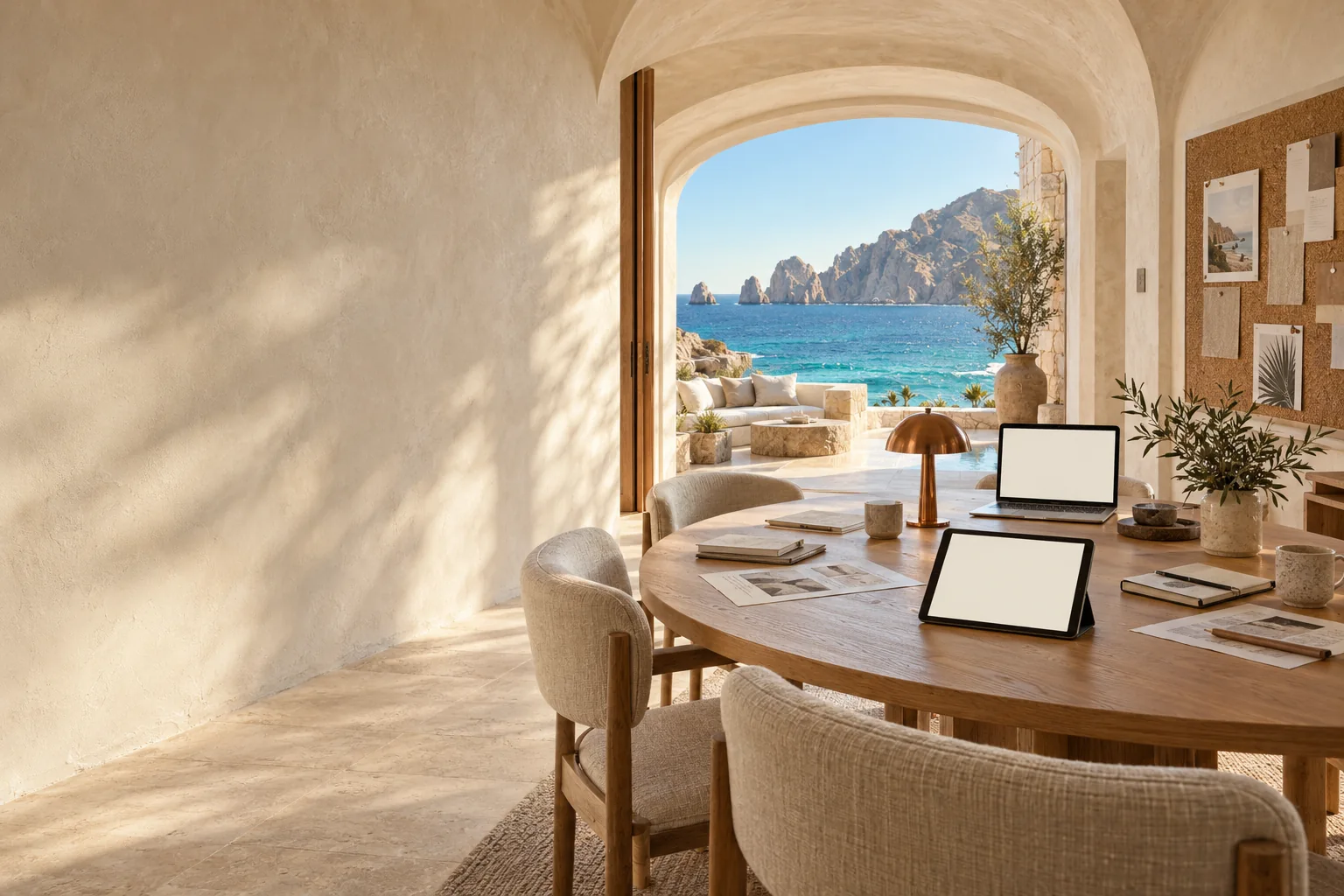 An imagined collaboration room with a round oak table, laptop, tablet and coastal terrace