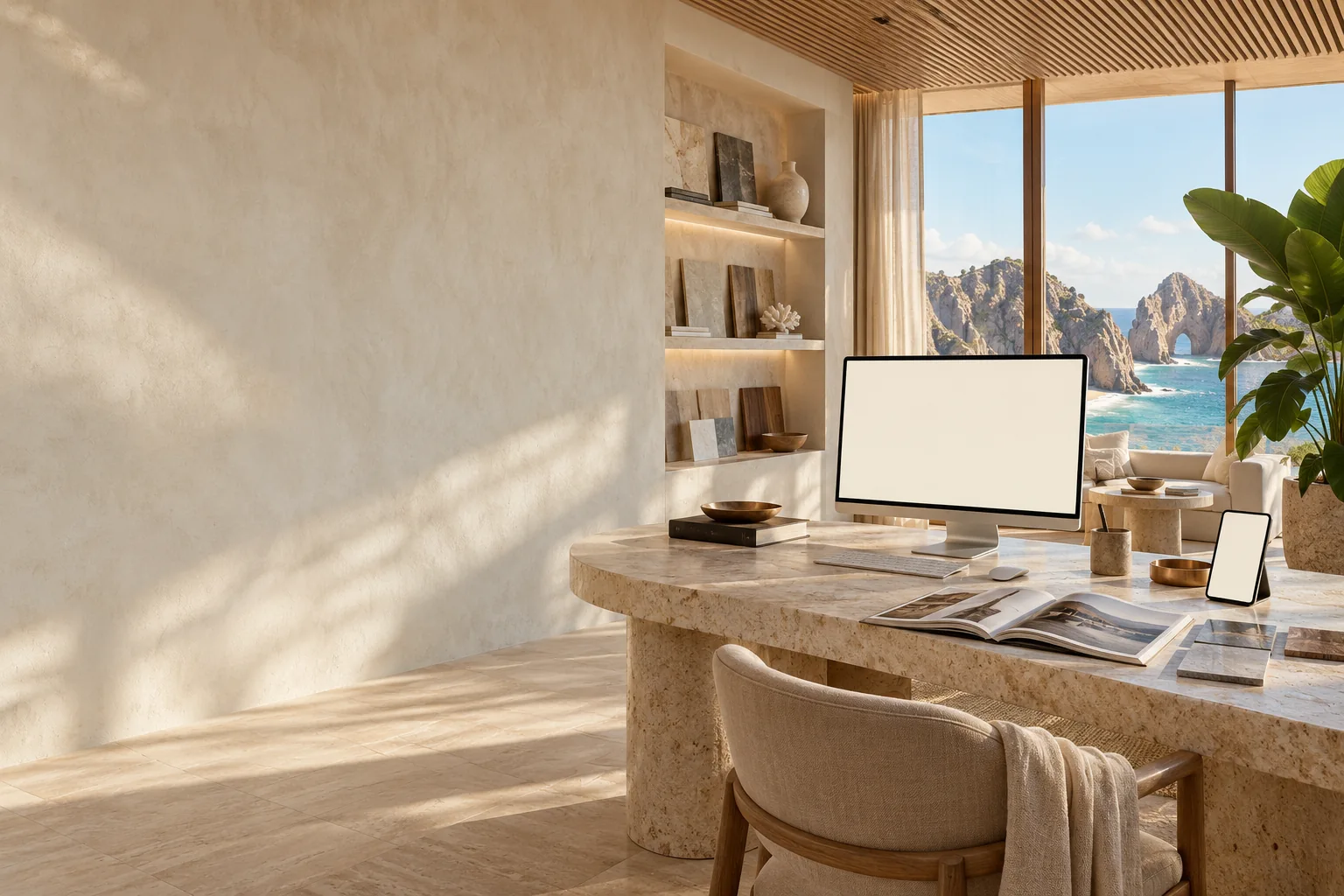 An imagined website showroom with a limestone island, desktop monitor, folding phone and design magazine