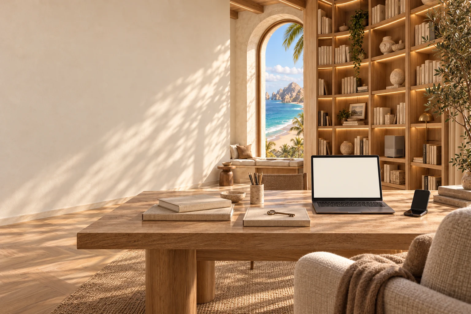 A warm private library with oak bookshelves, a writing desk, laptop and a view of the sea