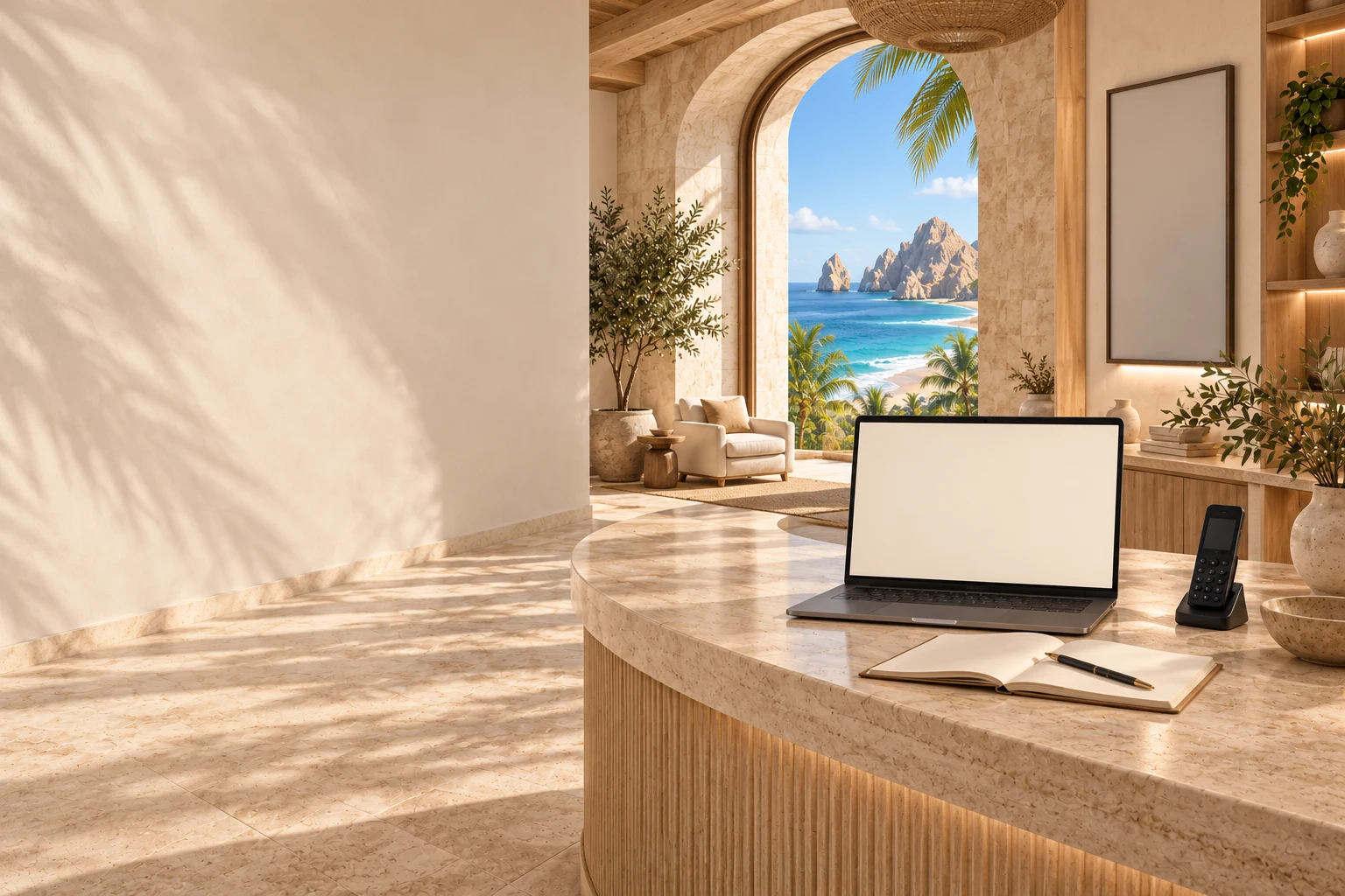 A curved travertine reception counter with a laptop, telephone and open journal overlooking the Cabo coast
