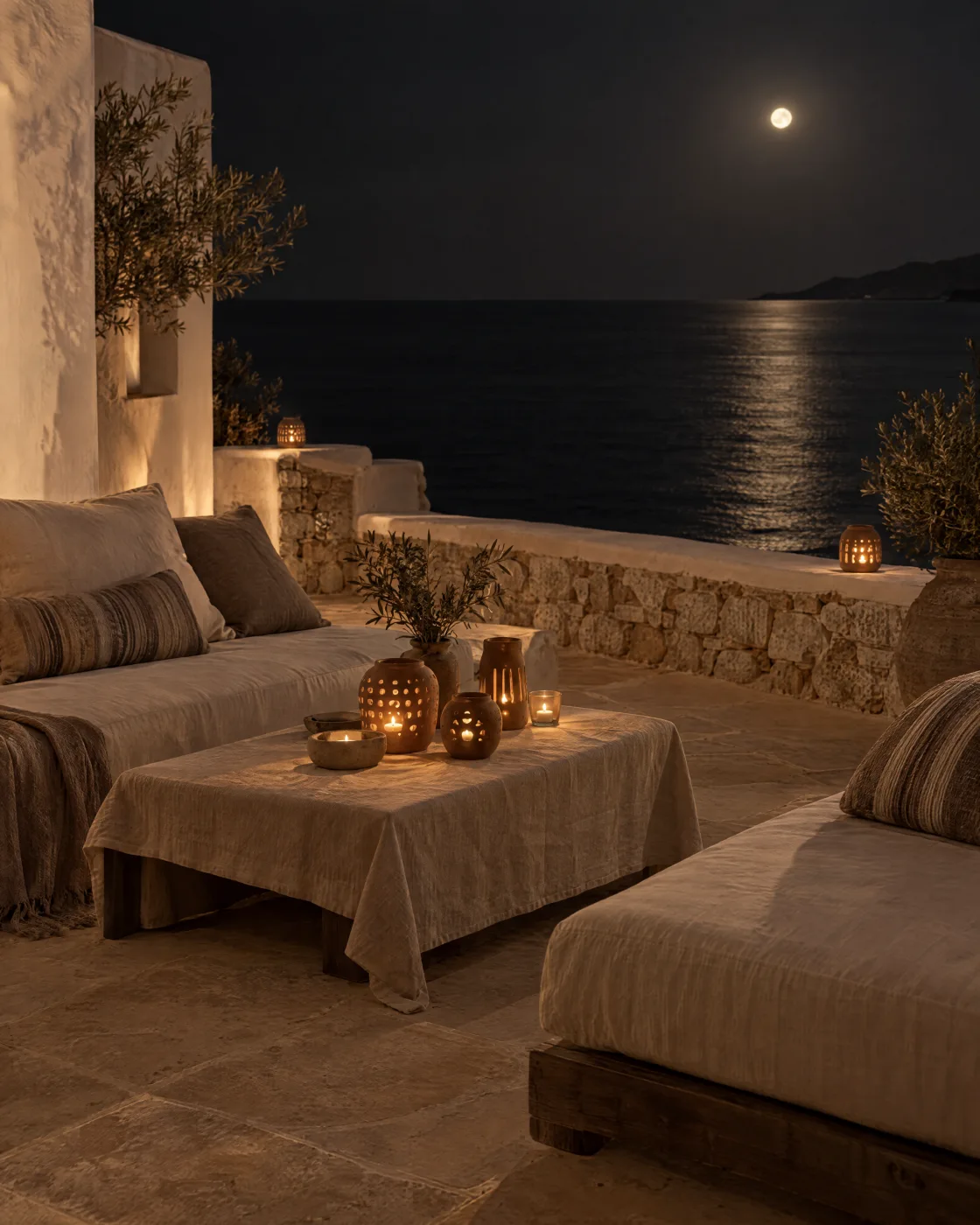 Une terrasse côtière avec des fauteuils pour discuter