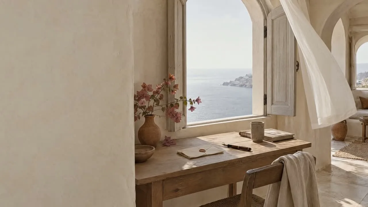 An illustrative coastal desk with a notebook and a sealed letter