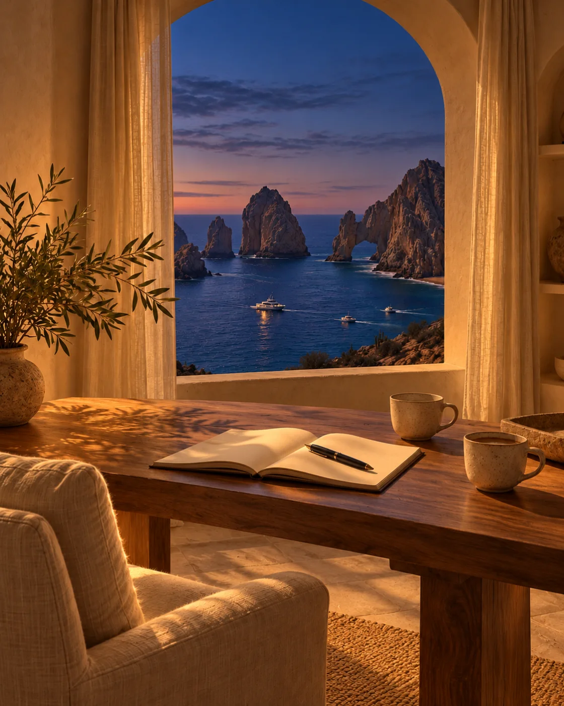 The same imagined consultation worktable in warm evening light, with the Cabo sea arch beyond the window