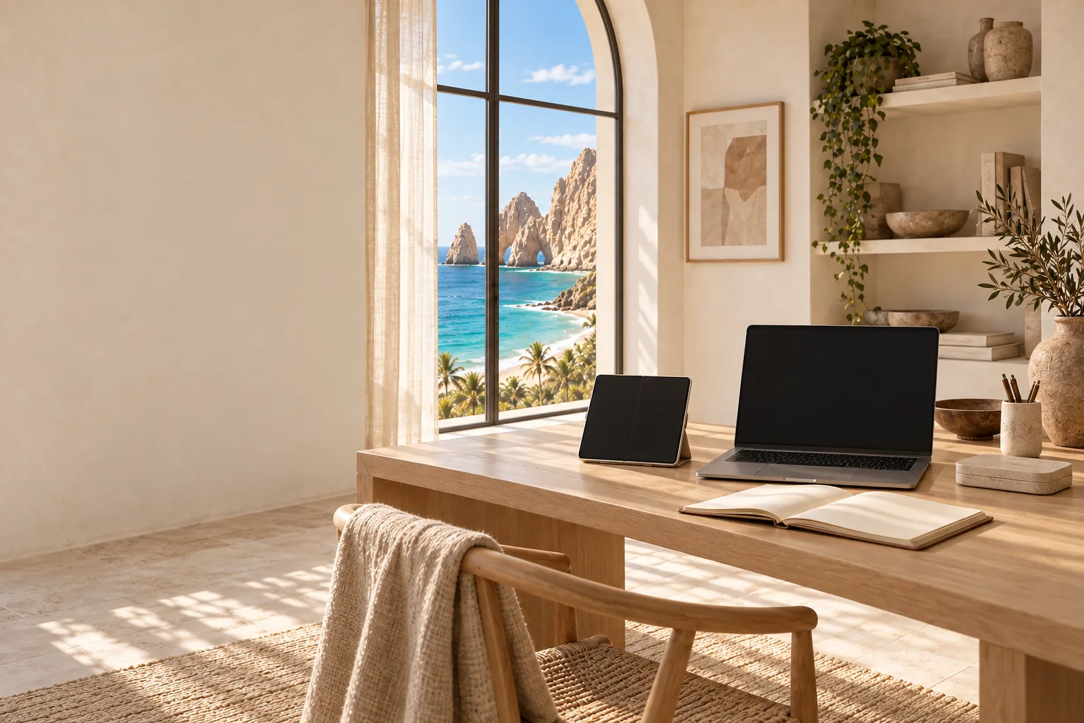 An imagined coastal workroom with physical devices and project materials