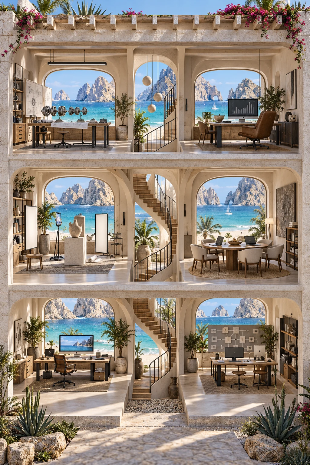 An imagined three-level coastal atelier with engineering, finance, creative, learning, website and AI rooms
