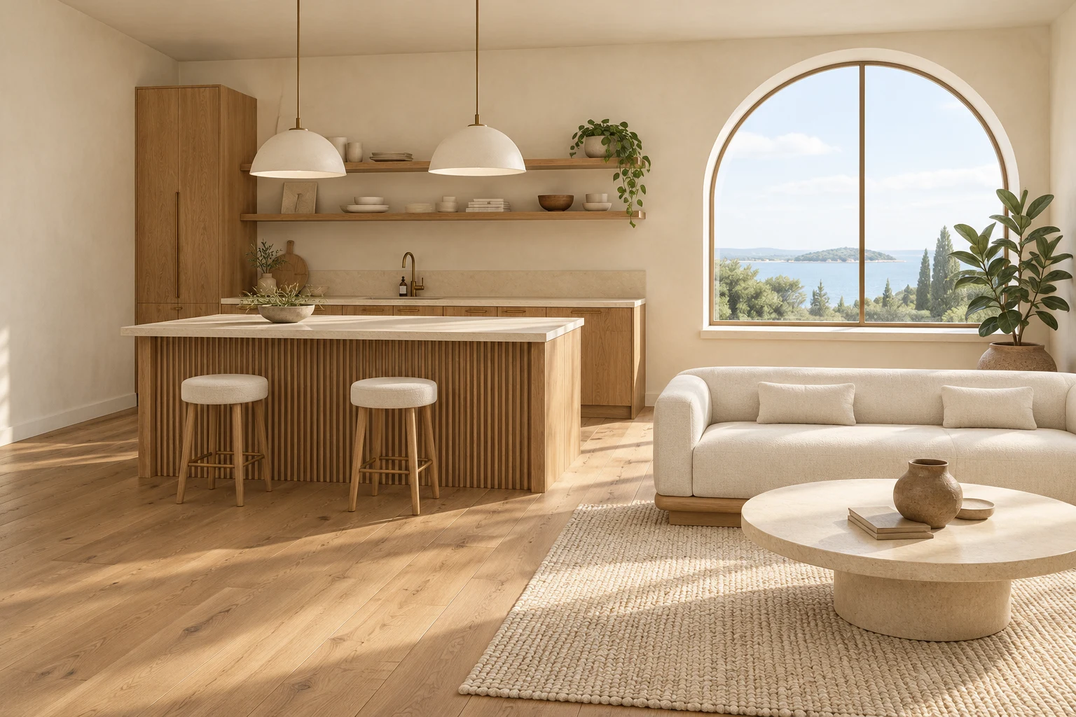 Concept intérieur photoréaliste d’une cuisine et d’un salon en chêne.