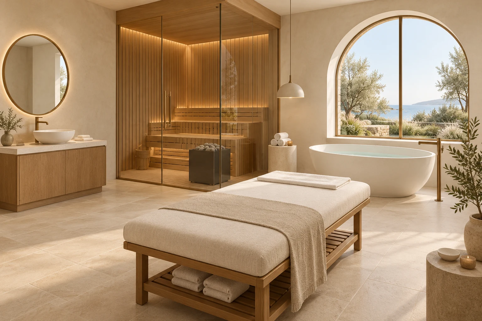 Concept de spa avec sauna, bain et espace de soin