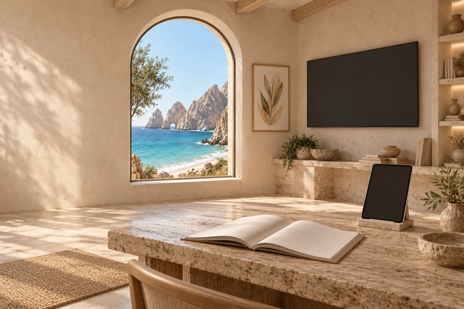 An imagined coastal StudioSI room with a wall screen, framed artwork, a tablet and an open magazine