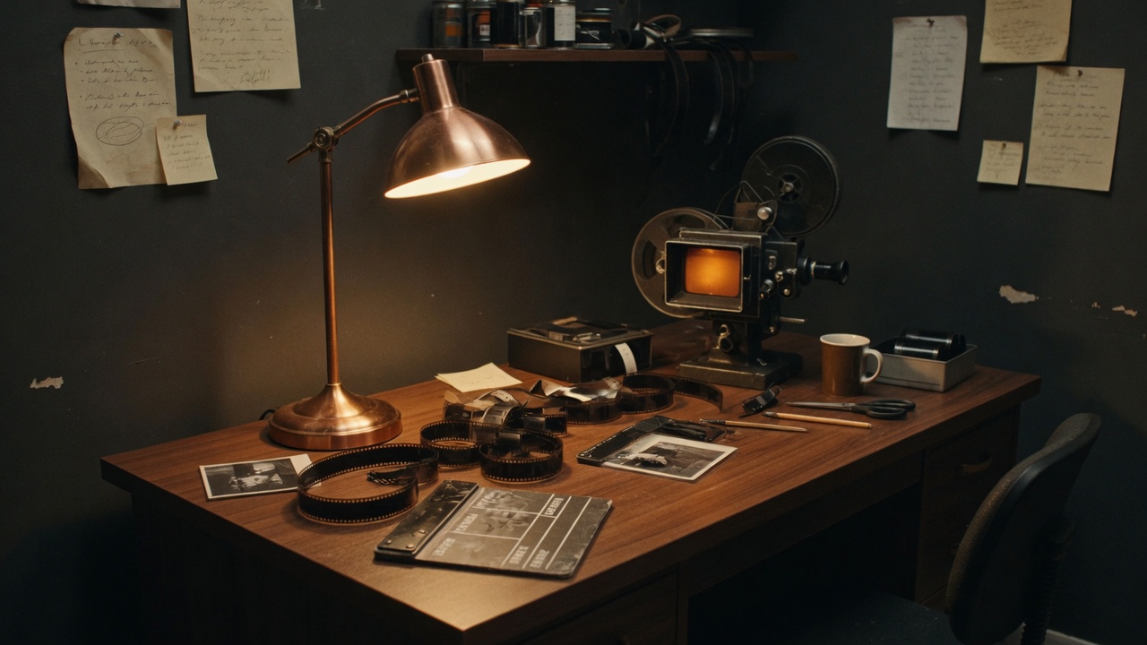 A tungsten lamp over a film editing desk at night
